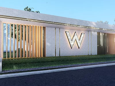 Modern Feature Wall With Stone Texture And Wooden Slats Featuring W Logo And Green Plants 3d model