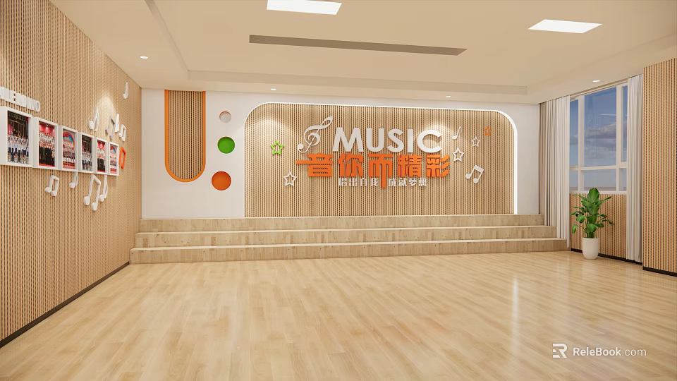 School Music Classroom With Stage Wooden Floor Music Notes And Colorful Decorations 3d model 