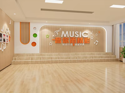 School Music Classroom With Stage Wooden Floor Music Notes And Colorful Decorations 3d model