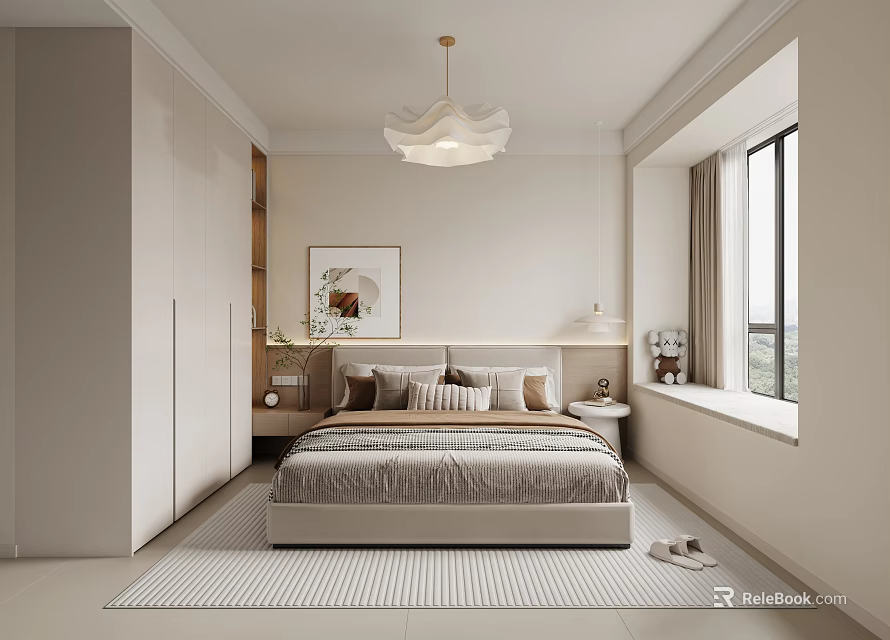 Modern Minimalist Bedroom Interior With Bed Wardrobe Carpet And Pendant Light 3d model