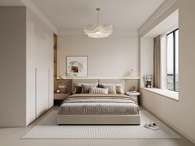 Modern Minimalist Bedroom Interior With Bed Wardrobe Carpet And Pendant Light 3d model