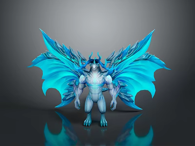 Fantasy Game Movie Character With Large Blue Wings And Horned Mythical Design 3d model