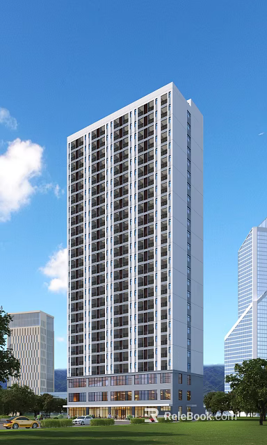 School Building Tall With Many Windows Under Blue Sky And White Clouds Near Other Buildings 3d model 