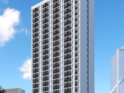 School Building Tall With Many Windows Under Blue Sky And White Clouds Near Other Buildings 3d model