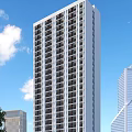 School Building Tall With Many Windows Under Blue Sky And White Clouds Near Other Buildings