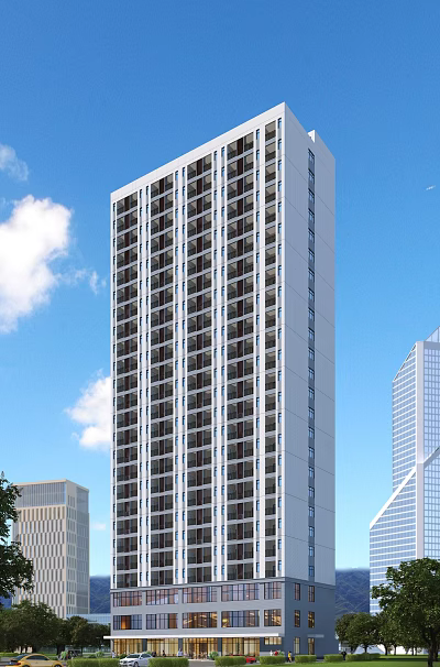 School Building Tall With Many Windows Under Blue Sky And White Clouds Near Other Buildings 3d model