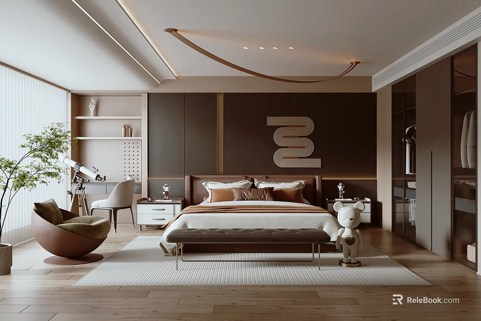 Modern Bedroom Interior Design With Dark Walls Decorative Art Bed Bedside Tables Rug And Chair 3d model 