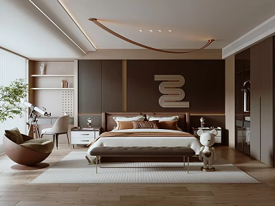 Modern Bedroom Interior Design With Dark Walls Decorative Art Bed Bedside Tables Rug And Chair 3d model