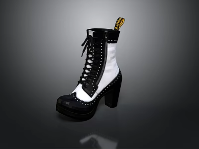 Stylish Black And White Lace Up Boots With Block Heel And Studded Details 3d model