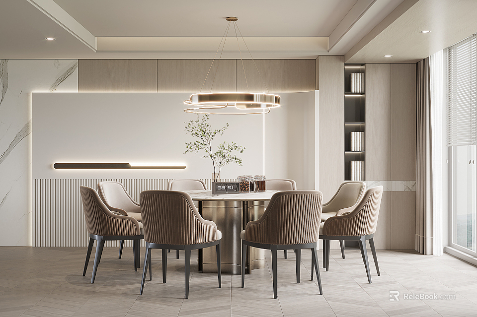 Modern Restaurant Interior With Round Dining Table Beige Chairs Hanging Pendant Light And Plant Decoration 3d model 