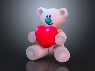 Pink Teddy Bear Stuffed Toy with Blue Nose Holding Red Heart on Dark Background 3d model