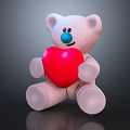 Pink Teddy Bear Stuffed Toy with Blue Nose Holding Red Heart on Dark Background