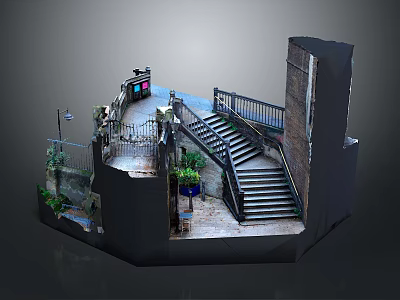 Outdoor Stairs Design With Brick Wall Railings And Green Plants 3d model