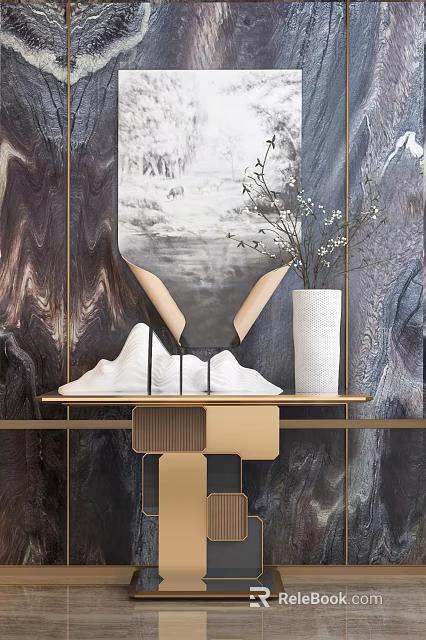Modern Console Table Design With Gold Frame Mountain Decor And White Vase 3d model