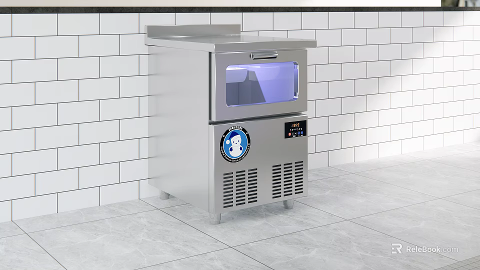 Modern Café Interior With Stainless Steel Ice Machine White Tile Wall And Gray Floor Tiles 3d model 