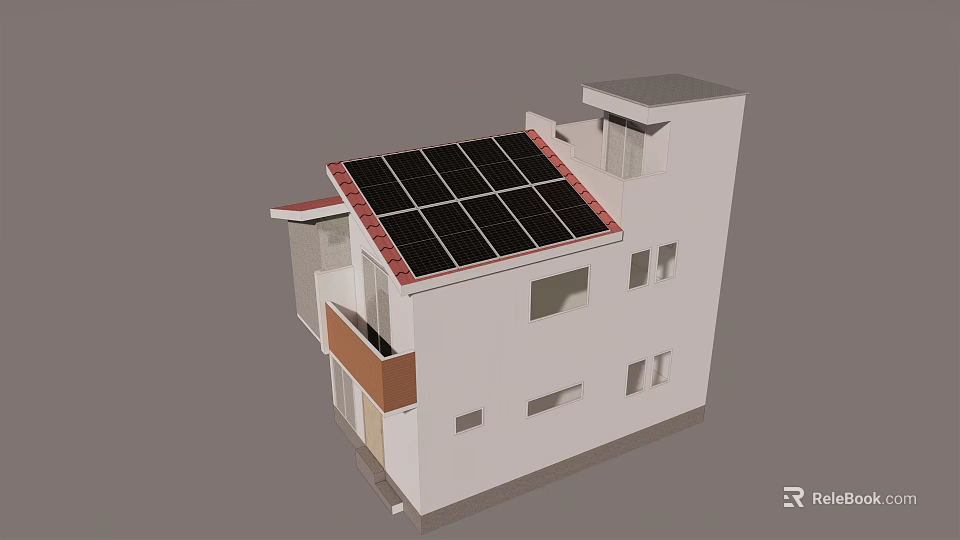 Two Story Modern Detached House With Solar Panels On Roof Balcony And Windows 3d model 