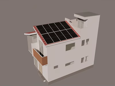 Two Story Modern Detached House With Solar Panels On Roof Balcony And Windows 3d model