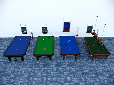 Various Colors Billiard Tables Sports Equipment With Cues Balls And Racks 3d model
