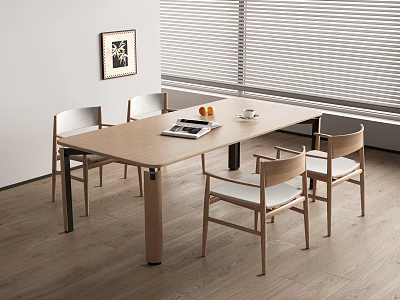 Modern Wooden Dining Table Set with Four Light Wood Chairs White Cushions and Window Blinds 3d model