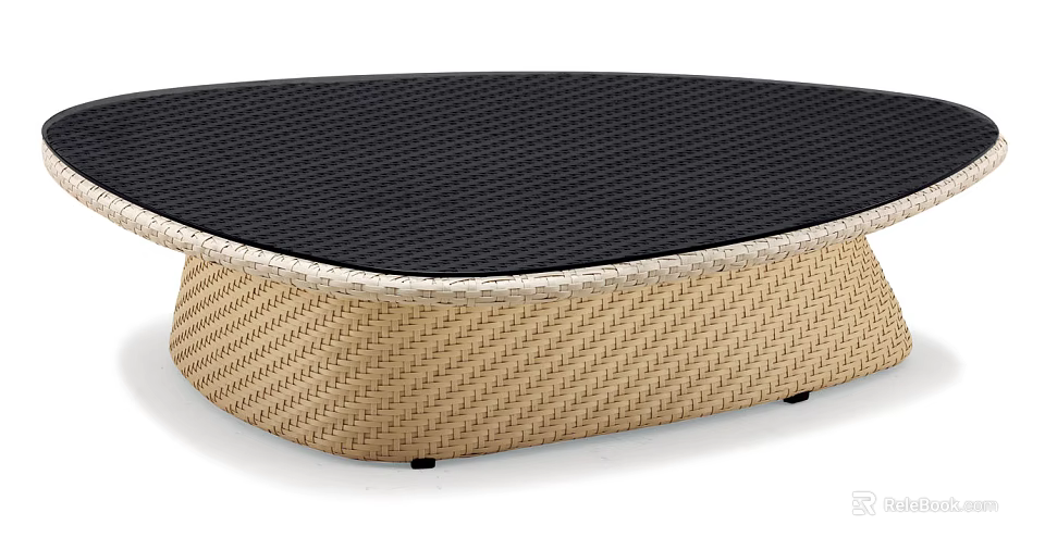 Modern Woven Coffee Table with Black Surface and Beige Frame Design 3d model 