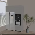 Modern Kitchen Appliances With Refrigerator Oven And Potted Plant In Interior