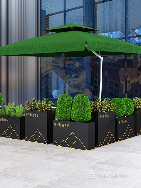 Elegant Garden Decor with Black Planters Gold Geometric Accents and Green Topiaries Under Green Awning 3d model 
