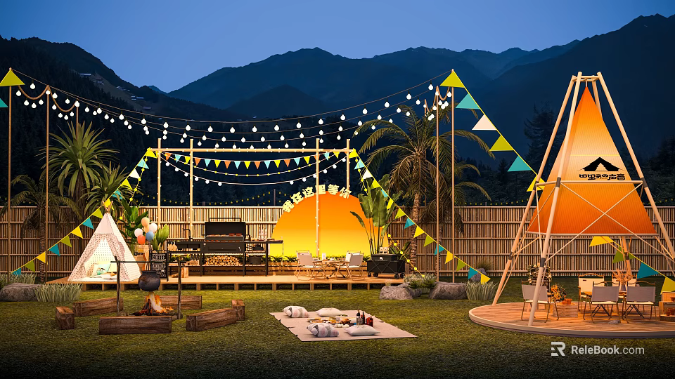 Scenic Mountain Campsite featuring String Lights Bunting Flags Tents Fire Pit at Sunset on Grass 3d model 