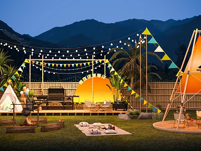 Scenic Mountain Campsite featuring String Lights Bunting Flags Tents Fire Pit at Sunset on Grass 3d model