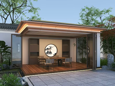Traditional Chinese Garden Pavilion with Wooden Floor Circular Decorative Painting and Natural Green Surroundings 3d model