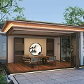 Traditional Chinese Garden Pavilion with Wooden Floor Circular Decorative Painting and Natural Green Surroundings