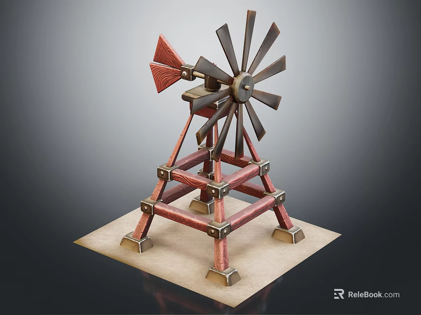 Decorative Wooden Windmill Model With Red Brown Structure Blades On Square Base 3d model 