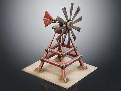 Decorative Wooden Windmill Model With Red Brown Structure Blades On Square Base 3d model