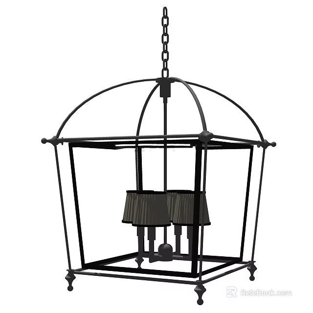 Black Metal Cage Shaped Chandelier With Chain Hanging And Inner Lampshade Design 3d model 