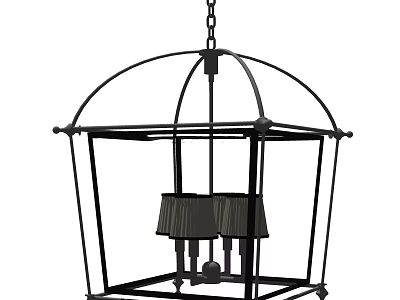 Black Metal Cage Shaped Chandelier With Chain Hanging And Inner Lampshade Design 3d model