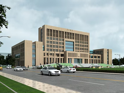 Modern Office Building With Brown Exterior Large Windows Road Cars Greenery And Trees 3d model