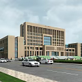 Modern Office Building With Brown Exterior Large Windows Road Cars Greenery And Trees