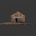 Red Brick Building With Tile Roof Graffiti Garage Door And Gravel Ground
