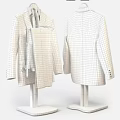 Two Striped Suit Jackets Front And Back View On Wooden Hangers With Red Lining