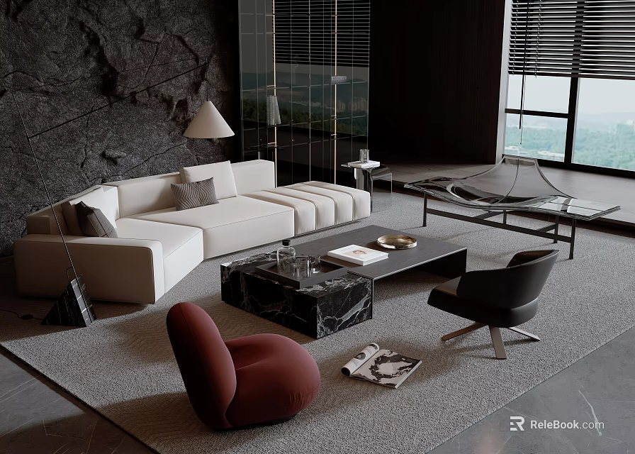 Modern White Sofa and Coffee Table Set With Marble Top and Accent Chairs 3d model