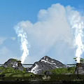 Garden Decor Featuring Rocky Mountains Green Grass Water Fountains Under Blue Sky With White Clouds