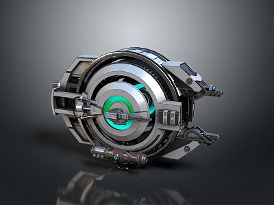 Futuristic Circular Mechanical Device With Green Glowing Ring And Metallic Structure Design 3d model