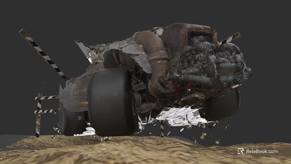 Rusty Damaged Car Wreckage With Broken Parts And Scattered Debris On Sandy Terrain 3d model 