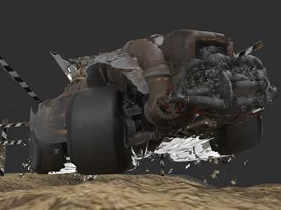 Rusty Damaged Car Wreckage With Broken Parts And Scattered Debris On Sandy Terrain 3d model
