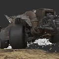 Rusty Damaged Car Wreckage With Broken Parts And Scattered Debris On Sandy Terrain