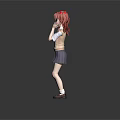 Anime Character With Red Pigtails White Top Dark Blue Skirt And Hands Covering Mouth