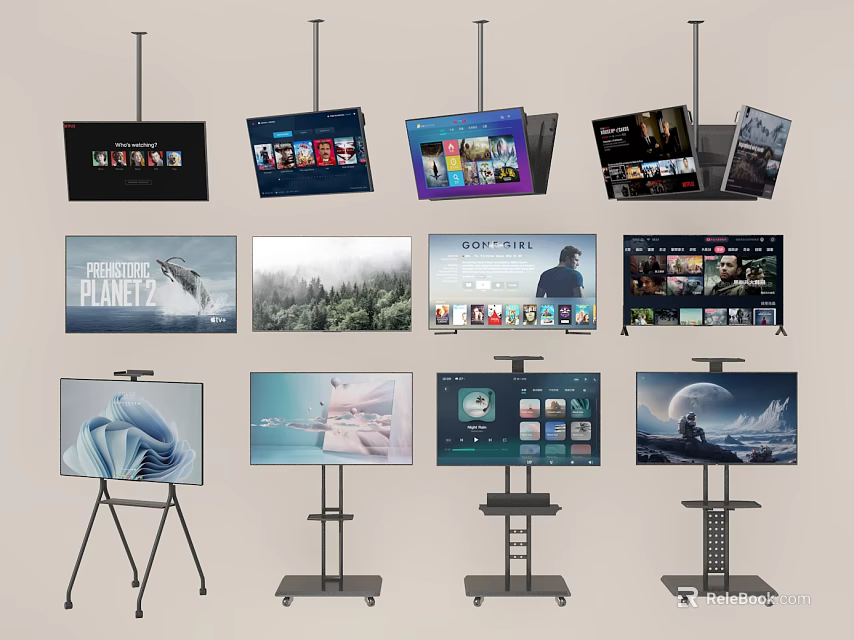 Different Types of Televisions With Various Stands And Diverse Screen Contents 3d model 