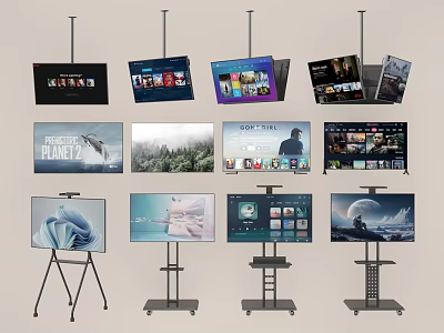 Different Types of Televisions With Various Stands And Diverse Screen Contents 3d model