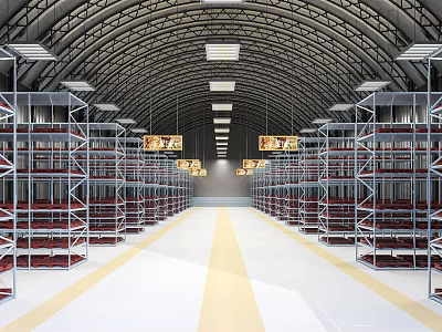 Large Warehouse Interior With Metal Shelves Arched Ceiling Lighting And Yellow Lined Pathway 3d model