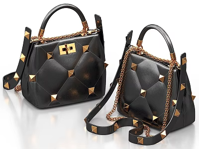 Black Leather Handbags With Quilted Pattern Golden Studs And Chain Straps 3d model