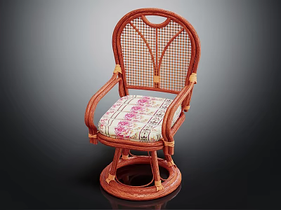 Brown Rattan Leisure Chair With Armrests Woven Backrest Round Base And Patterned Cushion 3d model